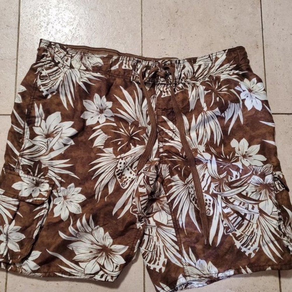 Brown White Swim‎ Trunks XL Arizona Hawaiian Print Beach A118